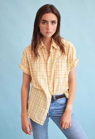 90'S RETRO CHECKED NEUTRAL OVERSIZED BOYFRIENDS BLOUSE TOP