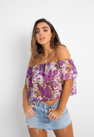 PURPLE FLORAL SPARKLE OFF THE SHOULDER SUMMER TOP