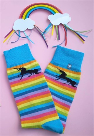 FUNNY SOCKS WOMEN WITH RAINBOW STRIPES AND BLACK UNICORN