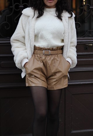 FAUX LEATHER CAMEL SHORTS