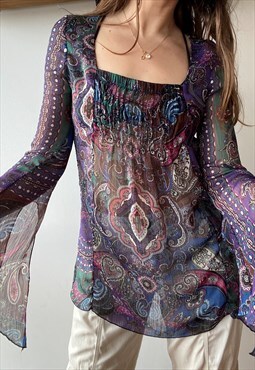 Vintage Y2k 00s RICK CARDONA sheer ruffle blouse top tunic