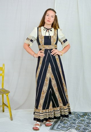 PRAIRIE DRESS VINTAGE COTTON DRESS BLACK BEIGE EMBROIDERED M