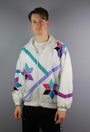 VINTAGE NYLON FESTIVAL SHELL WINDBREAKER IN WHITE WITH POCKE