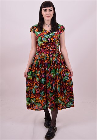 VINTAGE 80'S BRIGHT CRAZY PRINT SUMMER DRESS SIZE 10 12