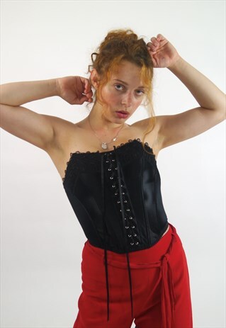 VINTAGE BLACK LUX SATIN (Y) CORSET GOTH TOP
