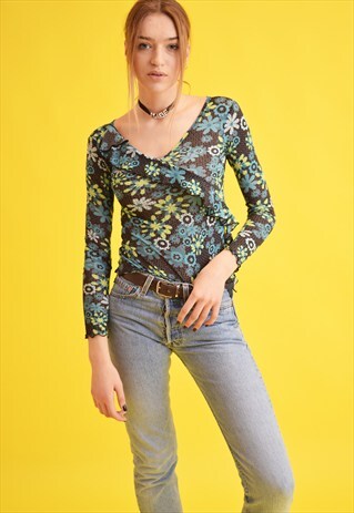 90'S RETRO FLORAL PRINT KITSCH TEEN PARTY TOP BLOUSE