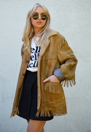 VINTAGE 70S OVERSIZED BROWN SUEDE FRINGE FESTIVAL JACKET