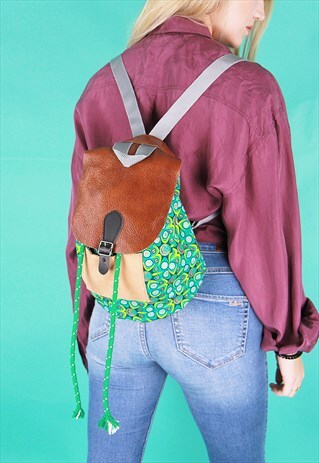 GREEN PRINT & BROWN LEATHER RUCKSACK