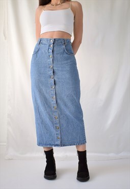 Long vintage 90s 80s high waisted denim button up maxi skirt