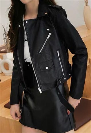 BIKER LEATHER JACKET - BLACK