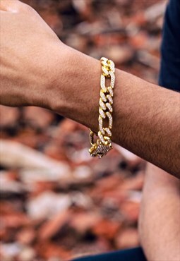 Women's 14mm Iced Diamond Figaro Curb Bracelet - Gold