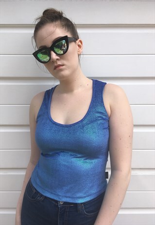 WOMENS VINTAGE 90S VERSACE VEST FESTIVAL BLUE SPARKLY TOP