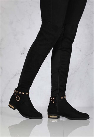 BUCKLE & STUDS OVER KNEE BOOT IN BLACK SUEDE