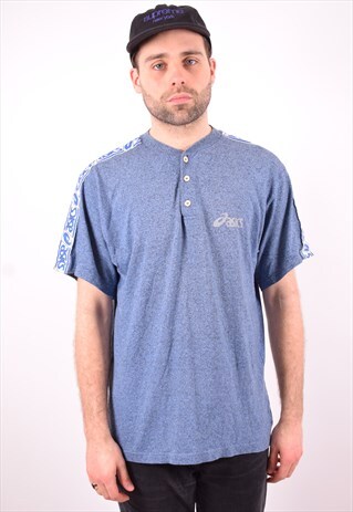 ASICS MENS VINTAGE POLO SHIRT MEDIUM BLUE 90'S