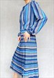 VINTAGE 1980S STRIPED BLUE AND BEIGE PLEATED GOWN, MEDIUM