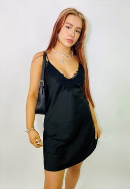 Vintage 00s Y2K Black Satin Lace Summer Mini Slip Dress