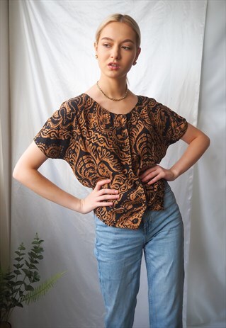 VINTAGE BROWN PATTERNED BUTTON UP BLOUSE