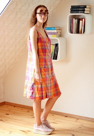 BRIGHT ORANGE CHECKED COTTON DRESS