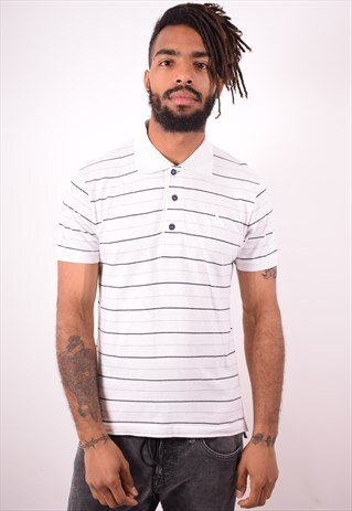 ADIDAS MENS VINTAGE POLO SHIRT MEDIUM WHITE STRIPES 90S