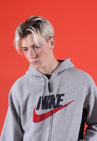 GREY AND RED NIKE EMBROIDERED ZIP UP HOODIE