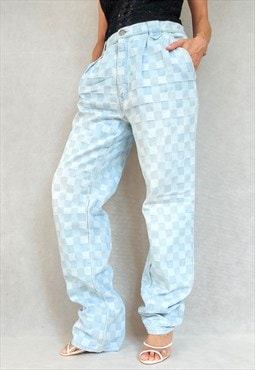 Vintage Light Blue Checkered Jeans, Y2K Size 33/34 Denim 