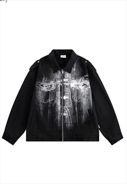 Oil wash denim imitation jacket painted college bomber black