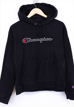 Vintage Champion Hoodie Black Spell Out Chest Logo Hooded 