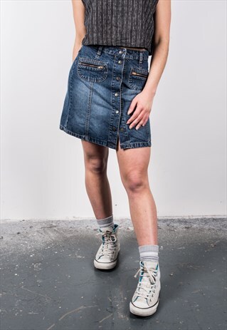 VINTAGE 1990S BLUE DENIM BUTTON DOWN MINI SKIRT