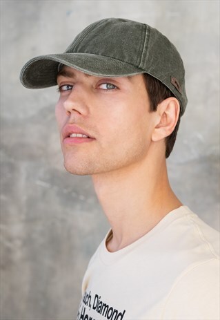BASEBALL CAP HAT WASHED DISTRESSED COTTON DENIM KHAKI RETRO