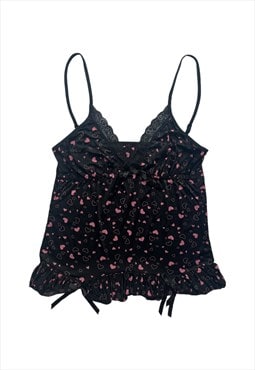 Y2K Cami Top vest ruffled bow heart print black pink