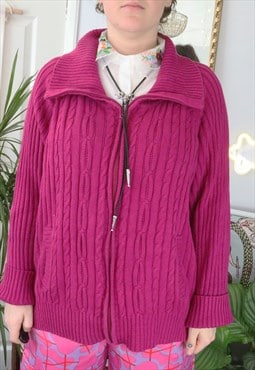 Vintage Y2K Pink Knitted Cable Fisherman Aran Knit Cardigan