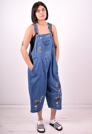 WOMENS VINTAGE DENIM DUNGARESS XL BLUE 90S