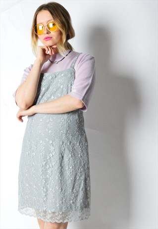 VINTAGE 90S GREY EMBROIDERED FLOWER MINI SLIP DRESS