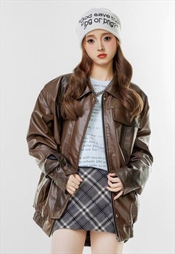 Oil wash biker jacket Faux leather racing jacket in brown