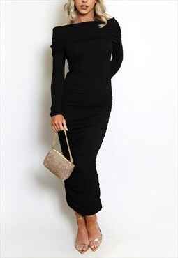 Bardot Side Ruched Midi Dress In Black