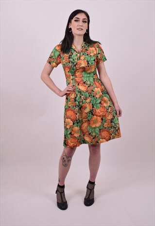VINTAGE 70'S ORANGE GREEN FLOWER PRINT DRESS SIZE 10