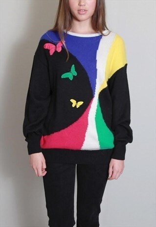 VINTAGE 1980'S AMAZING COLOURFUL BLACK BUTTERFLY KNIT JUMPER