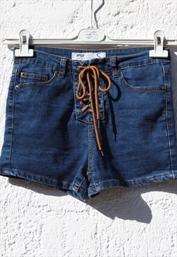 Vintage blue denim high waist stretch shorts,cord detail