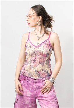 Vintage Y2K floral sheer top mesh sleeveless blouse