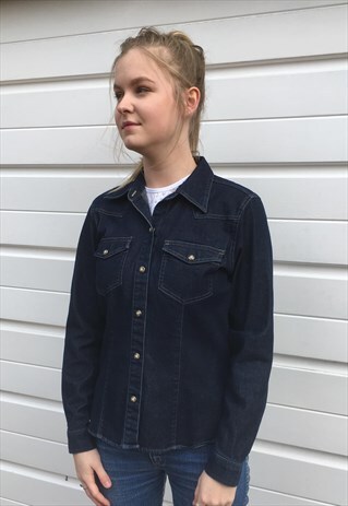 WOMENS 90S LIZ CLAIBORNE SHIRT DARK BLUE DENIM TOP BLOUSE
