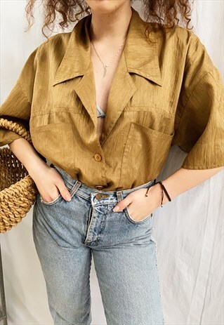 VINTAGE 80S BRONZE LUXE MINIMALIST CHIC BLOUSE TOP BEIGE