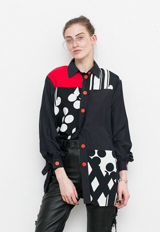 VINTAGE GEOMETRICAL SHIRT RED BLACK WHITE BUTTON UP BLOUSE