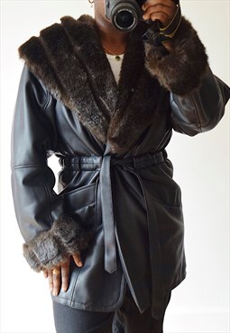 Vintage 90s faux leather faux fur coat in black