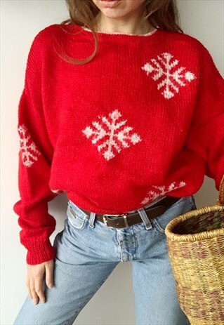 VINTAGE 80S RETRO SNOWFLAKE WOOL HANDKNIT CHRISTMAS JUMPER