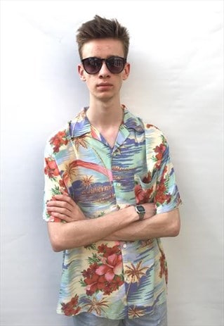 MENS VINTAGE FLORAL HAWAIIAN COLOURFUL FESTIVAL BEACH SHIRT