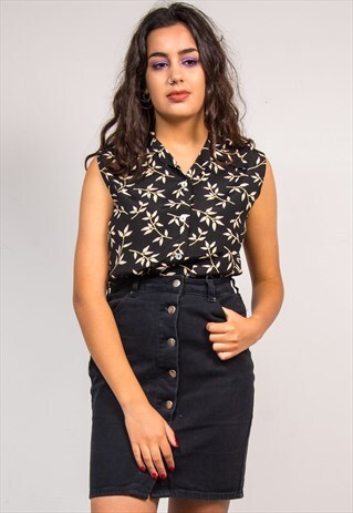 VINTAGE 90'S BLACK LEAF PATTERN SLEEVELESS SHIRT BLOUSE