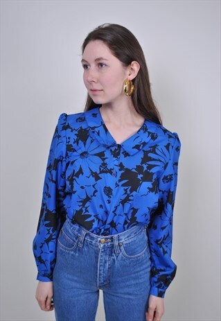 90S FLORAL BLUE BLOUSE, VINTAGE FLOWERS PRINT BOHO SHIRT