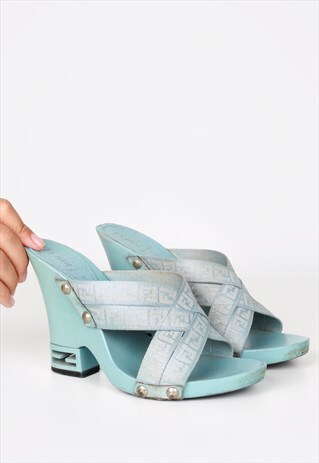 VINTAGE FENDI LOGO HEEL BLUE WEDGES