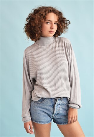 90'S RETRO RIBBED KNIT OVERSIZED TURTLENECK JUMPER TOP