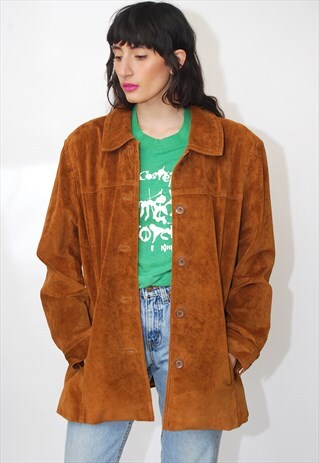 BROWN SUEDE COAT (XL) VINTAGE 90S LEATHER JACKET COWGIRL Y2K